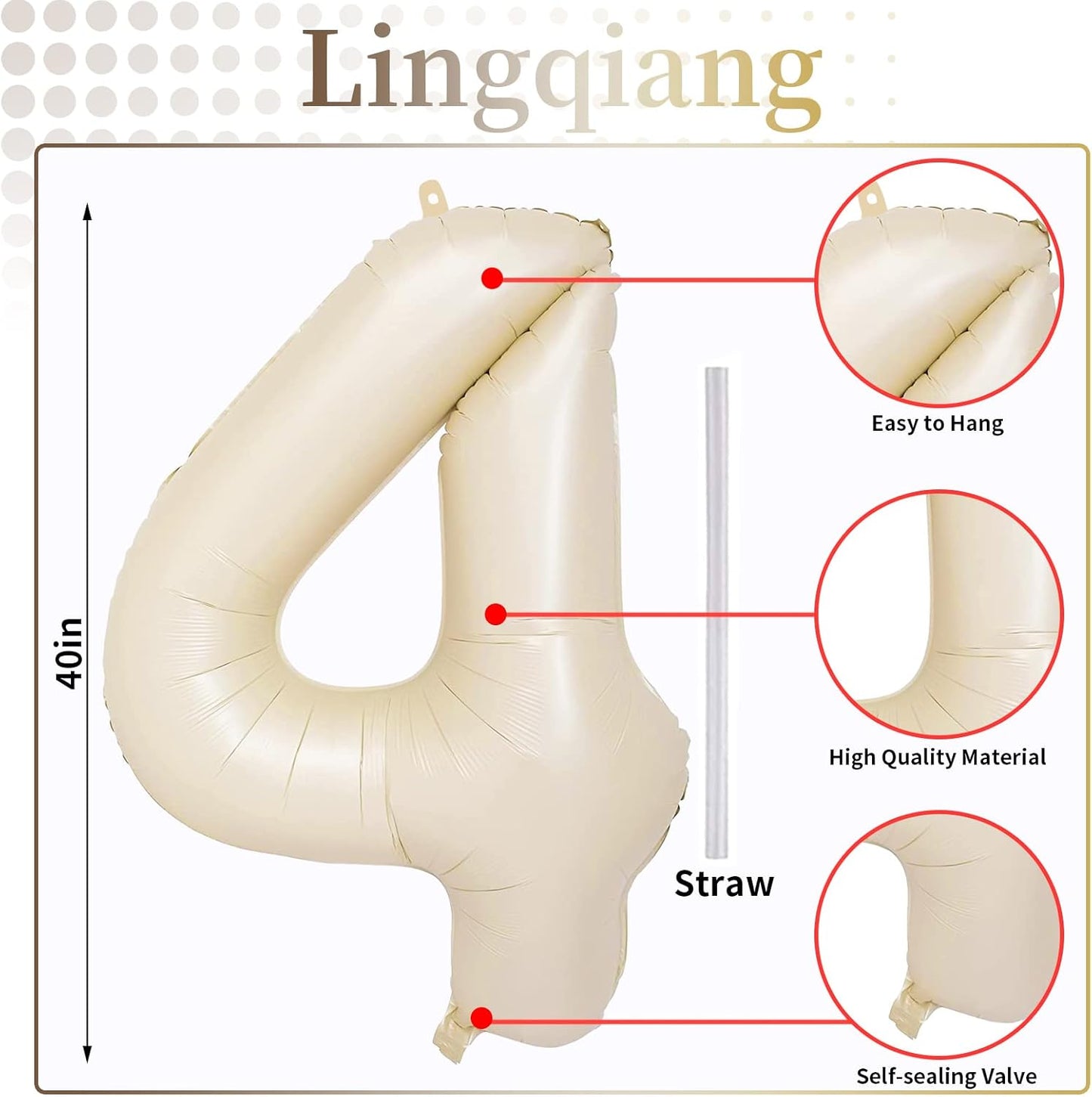 Cream 4 Balloons, 40 Inch Large Beige Foil Number Balloons Set 0-9, Self Inflating White Sand Digital 4 Helium Balloon for Boys Girls Women Birthday Anniversary Party Decorations Photo Shoot Supplies