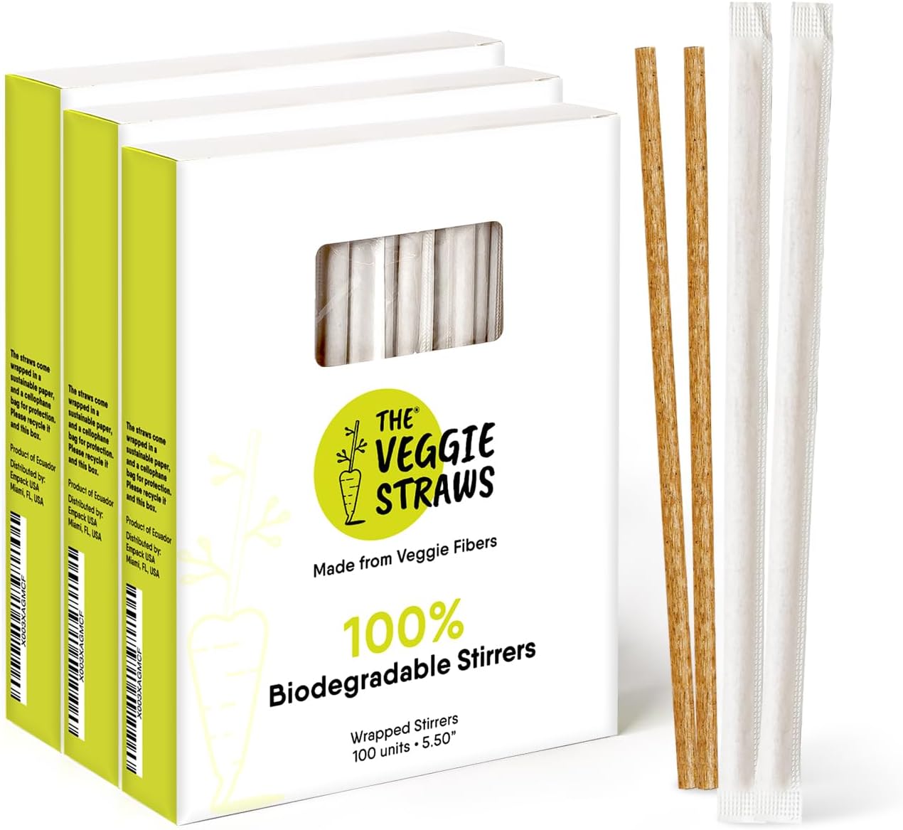 100% Biodegradable Individually Wrapped Cocktail Stirrers – 300 PCS of 5.50 Inches Premium Quality Disposable Coffee Stirrers, Best Biodegradable Stirrers for All Drinks – By The Veggie Straws