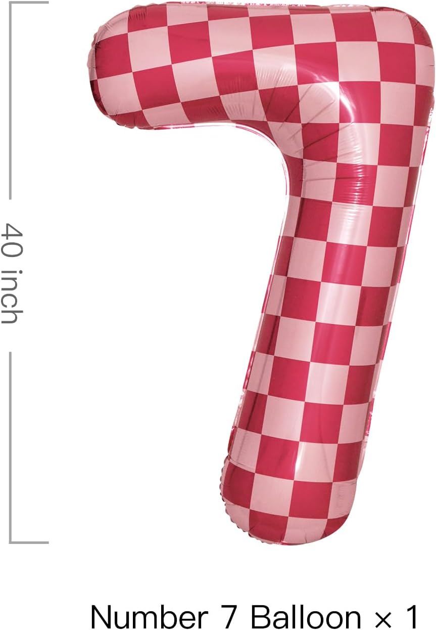 40 Inch Pink Checkered 7 Balloon Large Hot Pink Number Balloons for Girls 7th Birthday Decorations Pink Number 7 Balloon