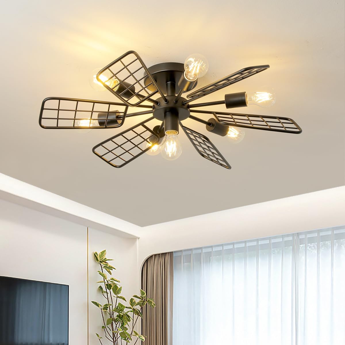 Modern Farmhouse Chandelier,28 Inch Black Metal Geometry Rustic Vintage Semi Flush Mounted Ceiling Light Fixture for Dining Room Bedroom Kitchen Island Hallway Foyer Entryway(7-Light)