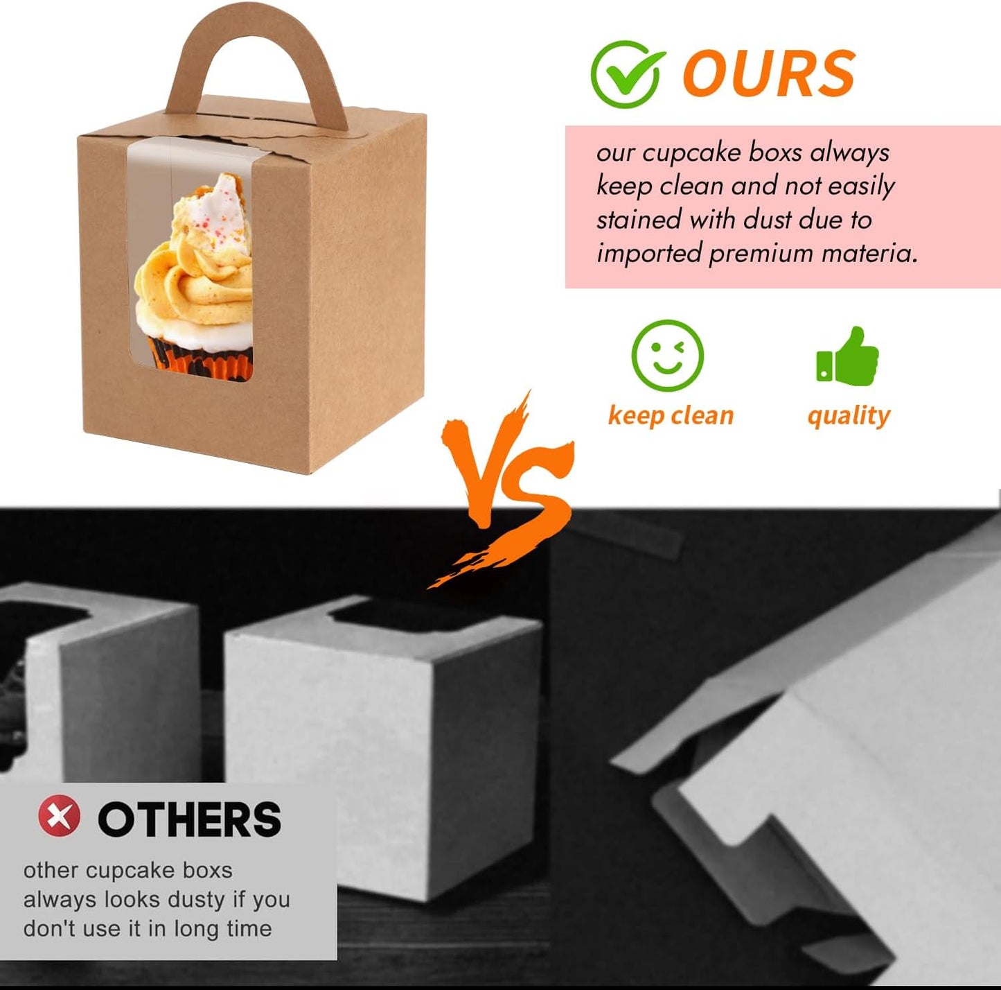 JCD Cupcake Boxes Kraft Paper, 120pcs Portable Cupcakes Holder Containers,Individual Cupcake Container Brown with Window Insert and Handle, Pastry Box Muffins Holder for Bakery Wrapping (Brown/120Pcs)