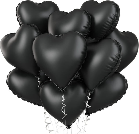 Foil Heart Balloons - 10 Black Heart Shaped Balloons, 18inch Metallic Foil for Valentines Day, Wedding, Birthday, Halloween Party
