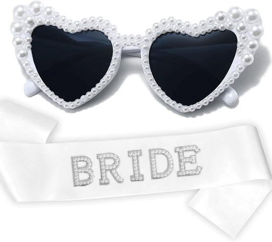 Pearl Bride Sunglasses with Sash - White Heart Sunglasses for Bachelorette Party Decorations Bridal Shower Wedding Engagement Favors