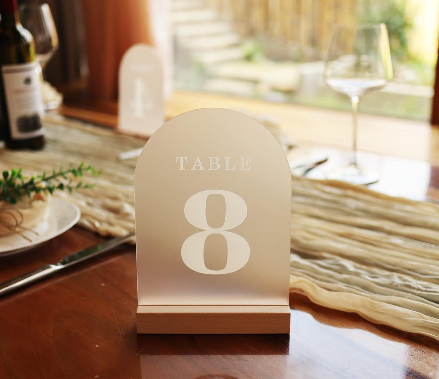 Frosted Blank Arch Acrylic Sign with Wooden Stands - 10 Pack DIY Customizable Sign Kit for Wedding Table Numbers, Restaurant Party Bridal Shower (5x7 Inch)