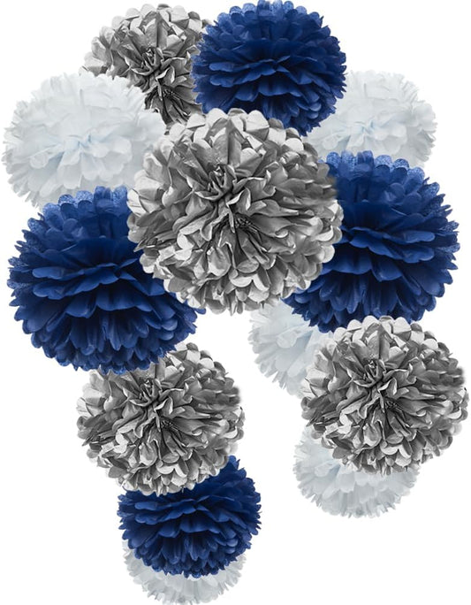Royal Blue Silver and White Paper Flower Tissue Pom Poms for Birthday Graduation Baby Shower Bachelor Retirement Theme Party, 12pc