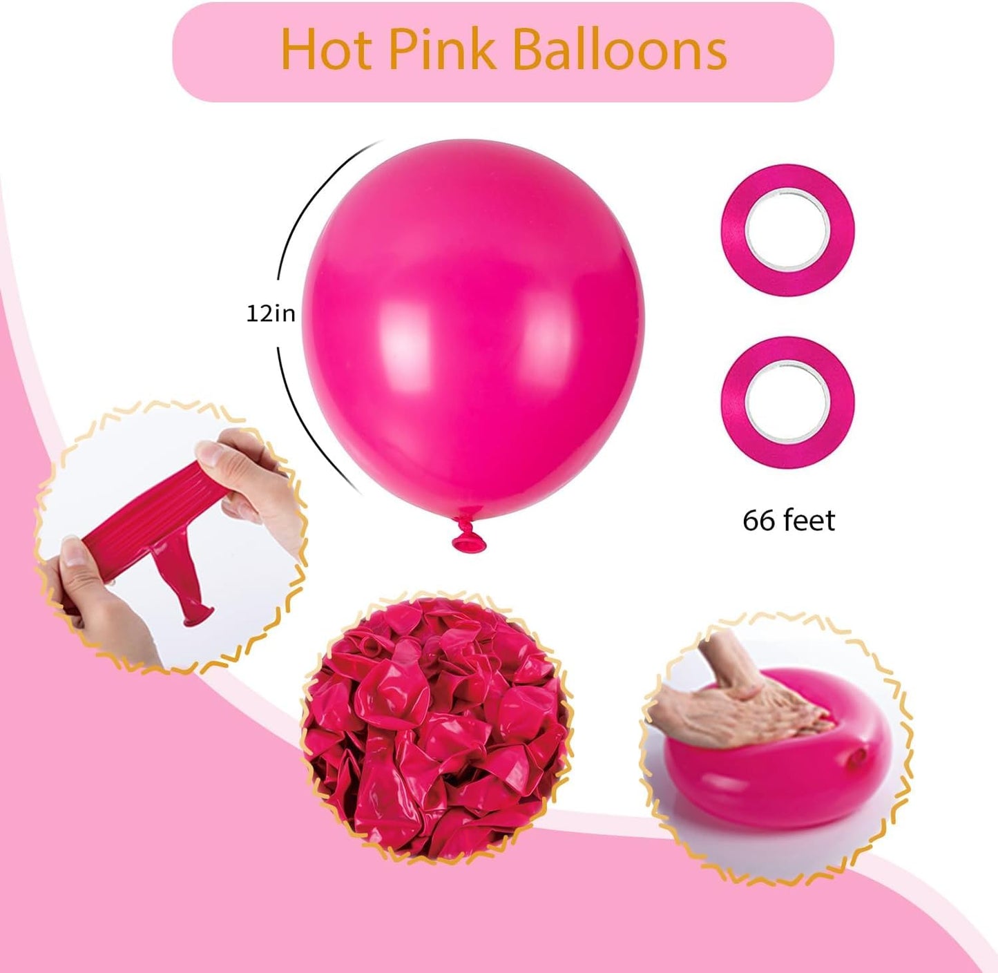 100pcs Hot Pink Balloons, Helium Quality 12 inch Bright Pink Latex Party Balloon for Birthday, Wedding, Engagement, Bridal Shower, Bachelorette Princess Party Supplies(66ft Ribbons)