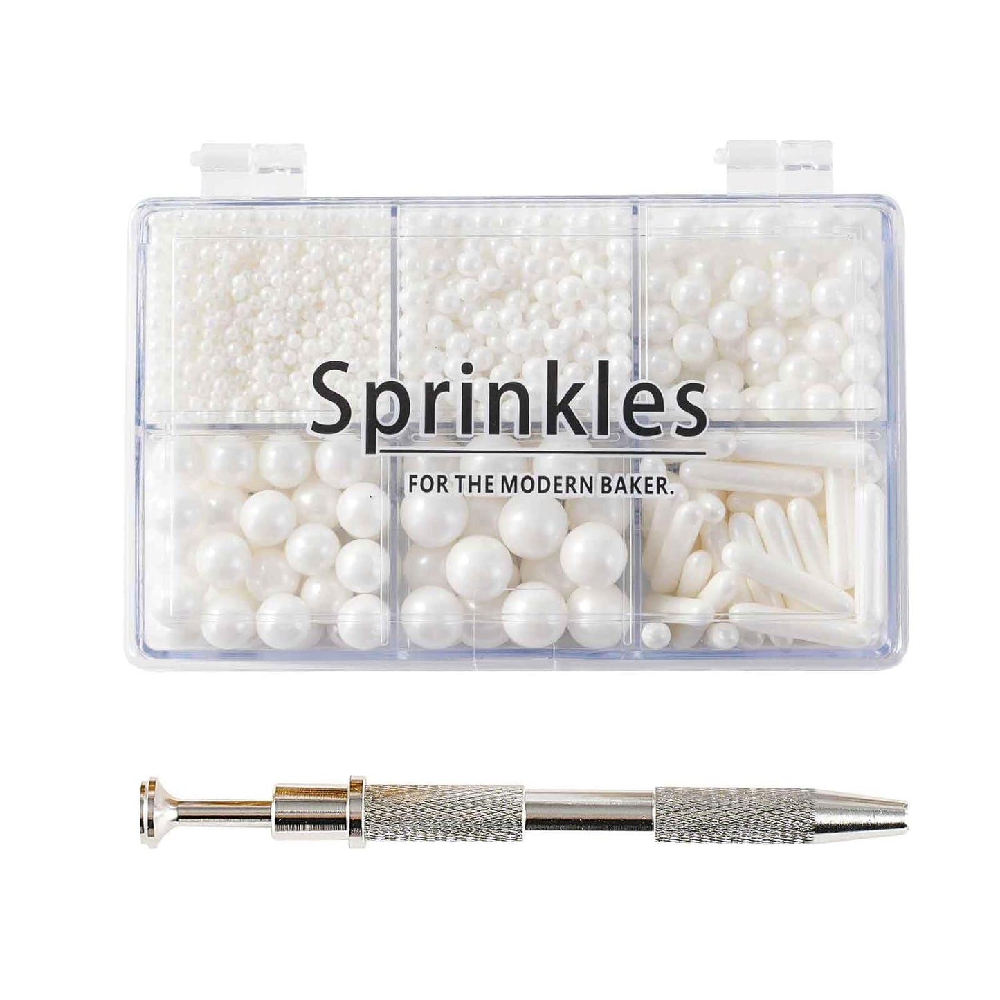 Kasvan White Mix Sugar Sprinkles - Edible Candy Pearls with 4-Claw Sprinkle Pen,118g/4.16 Oz, Gift Box Pack, Baking Cake Decorations, Ice Cream Toppings and Cookie Decorating, Wedding Party Chirstmas Supplies