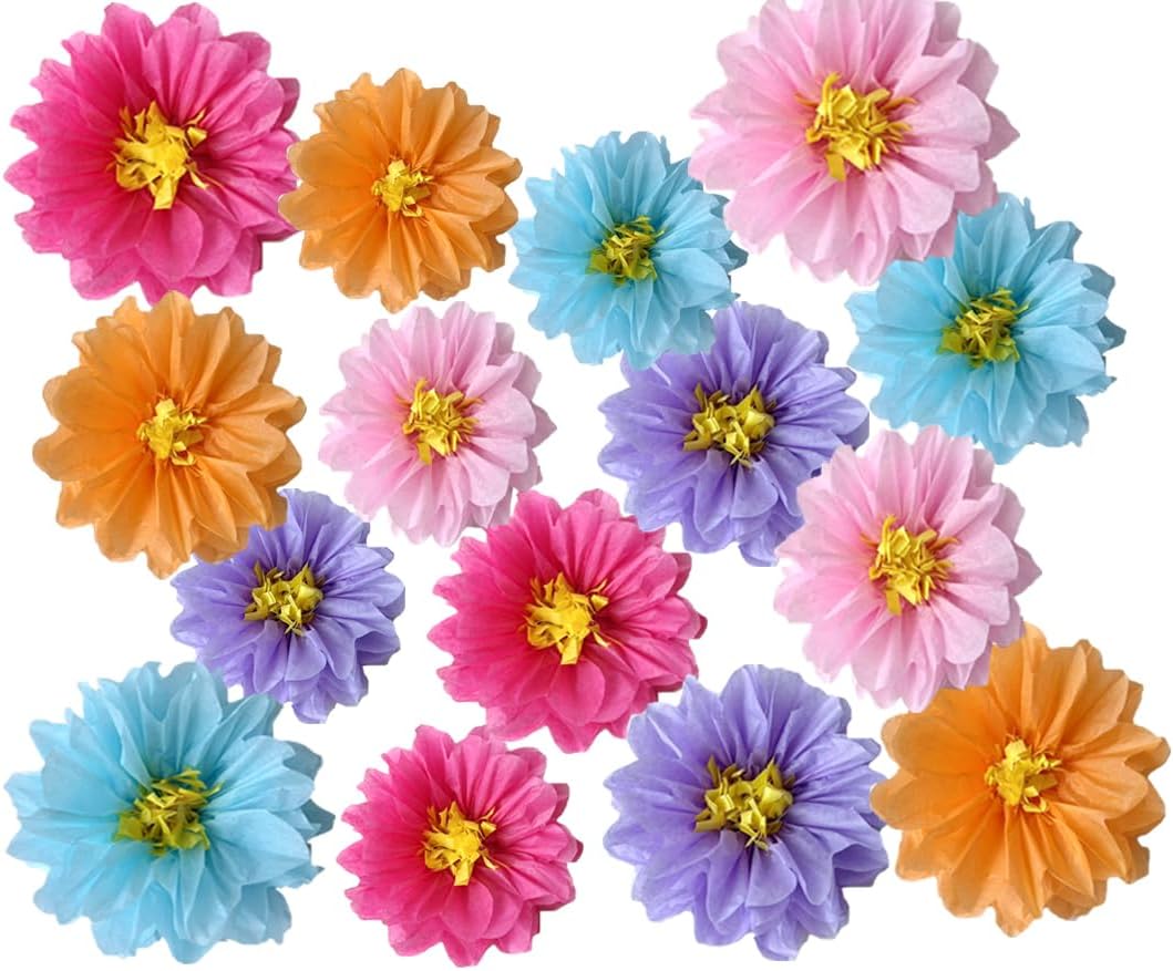 15pcs Tissue Paper Pom Poms Tissue Paper Flowers Party Blossom Flower Backdrop for Birthday,Bridal,Baby Shower,Wedding ,Classroom, Nursery Garden Decor 8in 10in 12in