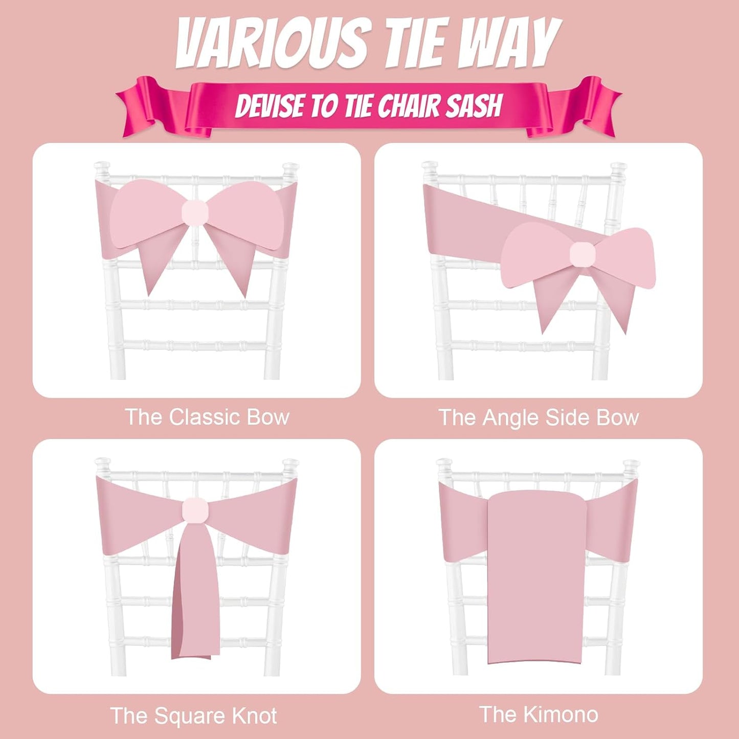 50 PCS Pink Satin Chair Sashes Bows Universal Chair Ribbon Ties Back Sash for Wedding Party Reception Events Banquets Hotel Event Chair Cover Decoration (7x108 inch)