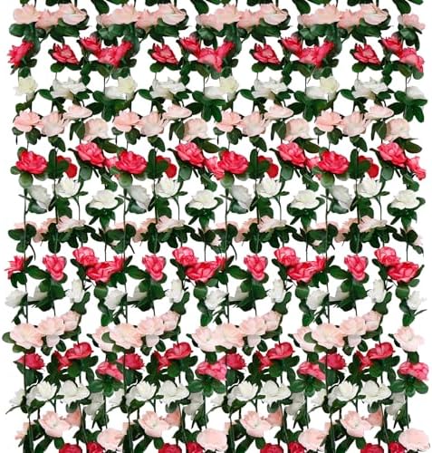 12 PCS 98.4 FT Artificial Flower Garland Rose Garland for Wedding Room Decor(12, Pink and White)