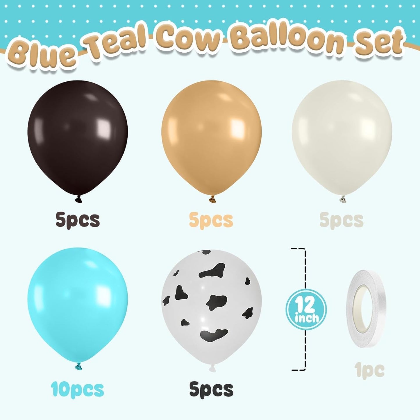 Cow Print Balloons,12Inch Teal Blue Brown Sand White Cow Latex Balloons for Girls Boys Baby Shower Party Farm Western Cowboy Party Decorations Supplies