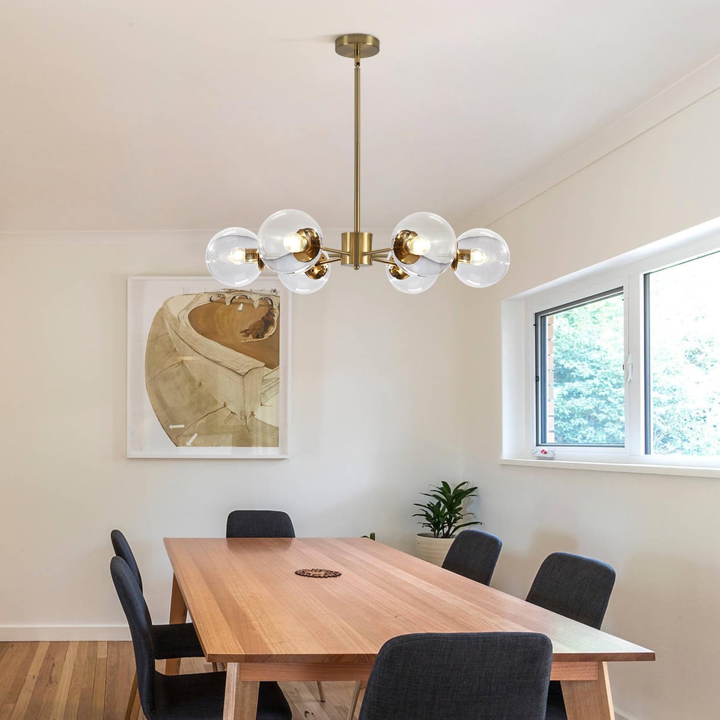 KCO Lighting Modern 6-Light Sputnik Chandelier with Clear Glass Globe Mid Century Adjustable Ceiling Pendant Light Gold Brass Flush Mounted Fixture