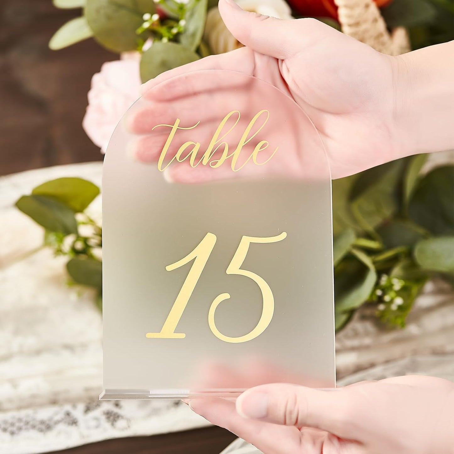 SHINVALE Arch Acrylic Wedding Table Numbers 1-15 with Gold Foil Font – Frosted Finish, Elegant Modern Design with Stands, Easy Assembly Table Signs for Weddings, Parties & Events