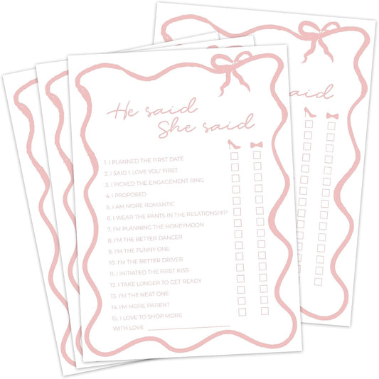 DEEKA 30 PCS Bridal Shower Games Card for 30 Guests White Pink Wavy Border Ribbon Bow Funny Wedding Bachelorette Party Games for Reception (He Said She Said)