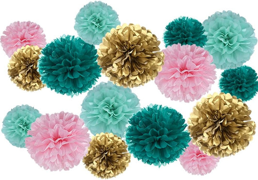 Gold Teal Mint and Pink Paper Flower Tissue Pom Poms for Baby Shower Birthday Wedding Theme Party, 16pc