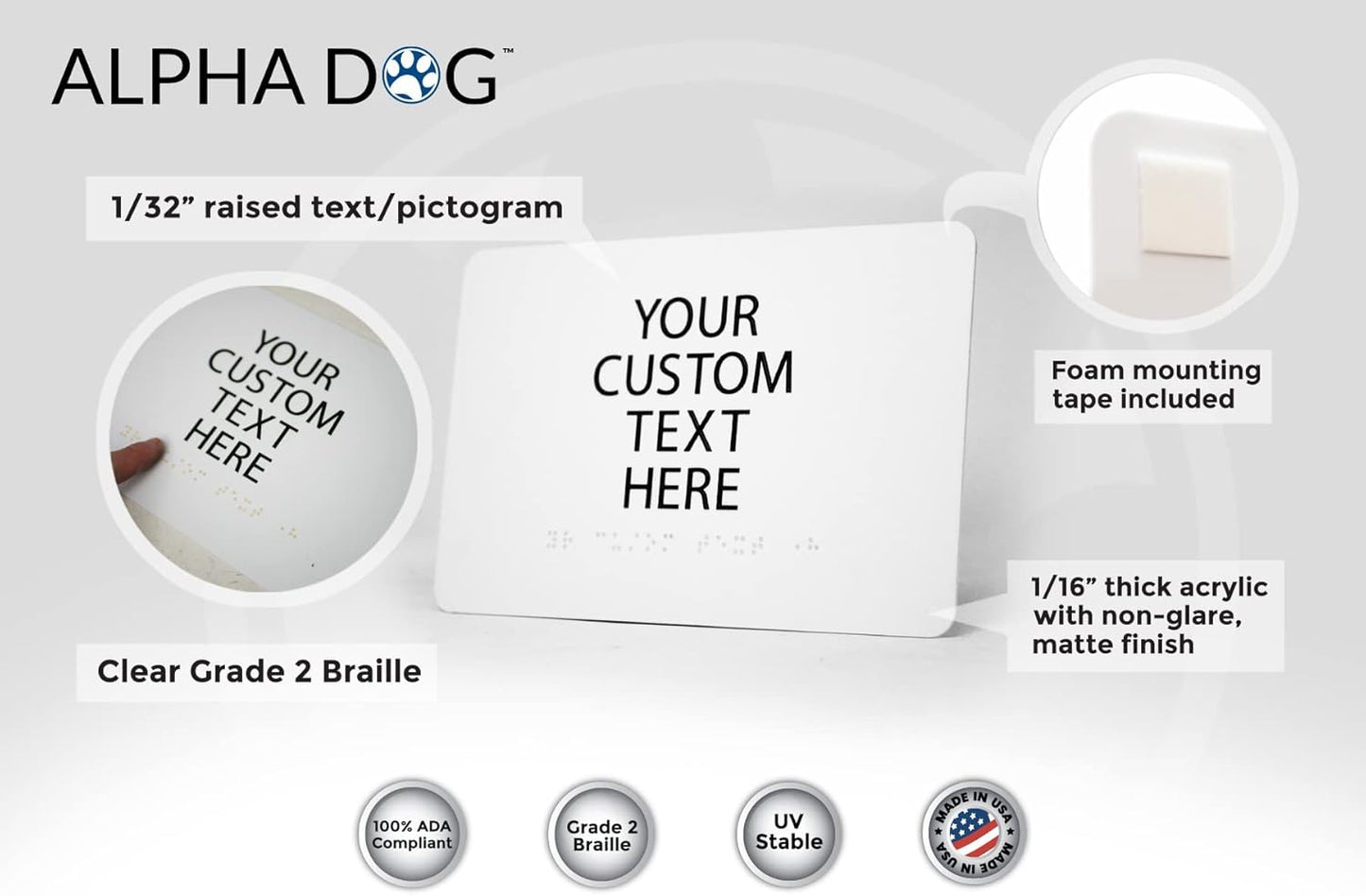 ALPHA DOG ADA SIGNS Custom ADA Compliant Braille Sign, 6"x9" Room Identification Plaque, Tactile Text, Raised Letters, Personalized 4-Line, Indoor/Outdoor, USA-Made (White)