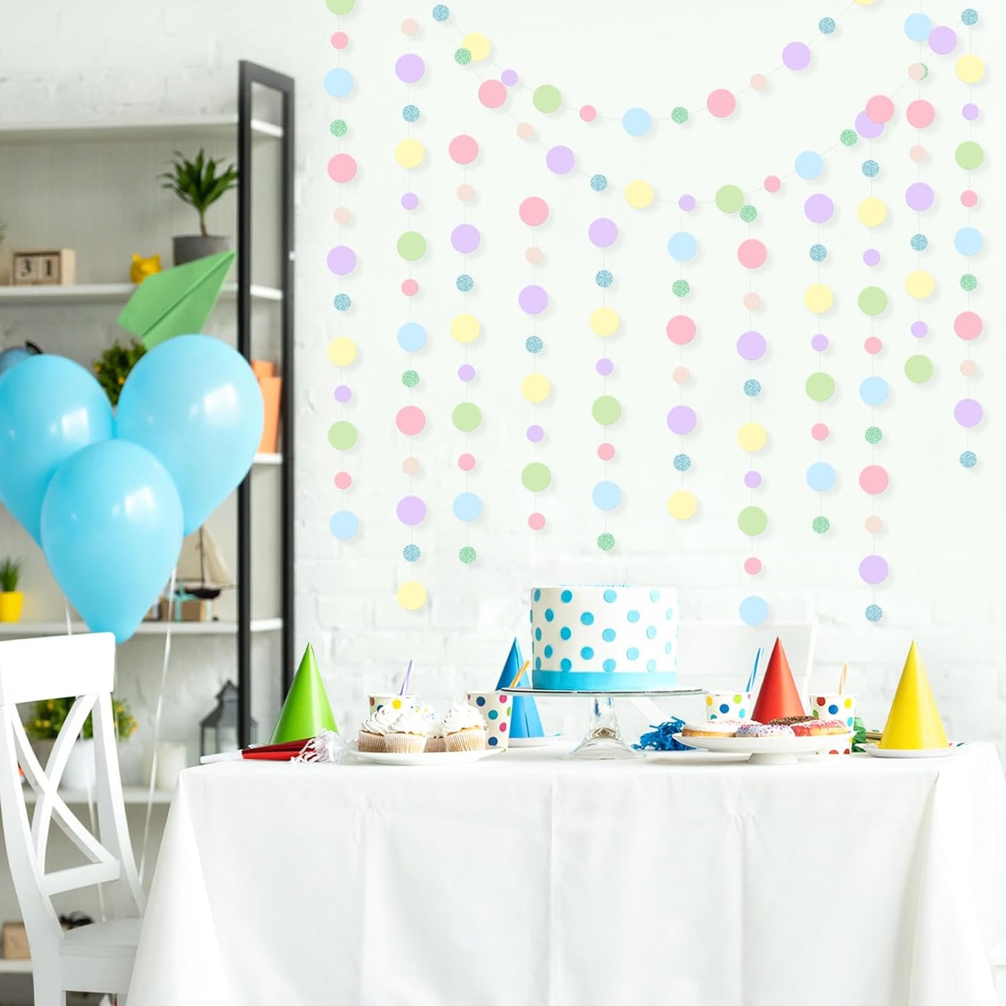 Outus 10 Pieces Colorful Dots Paper Garland Round Glitter Garland Hanging Confetti Streamers Backdrop for Candy Birthday Classroom Halloween Trunk or Treat Car Decoration (Pastel)