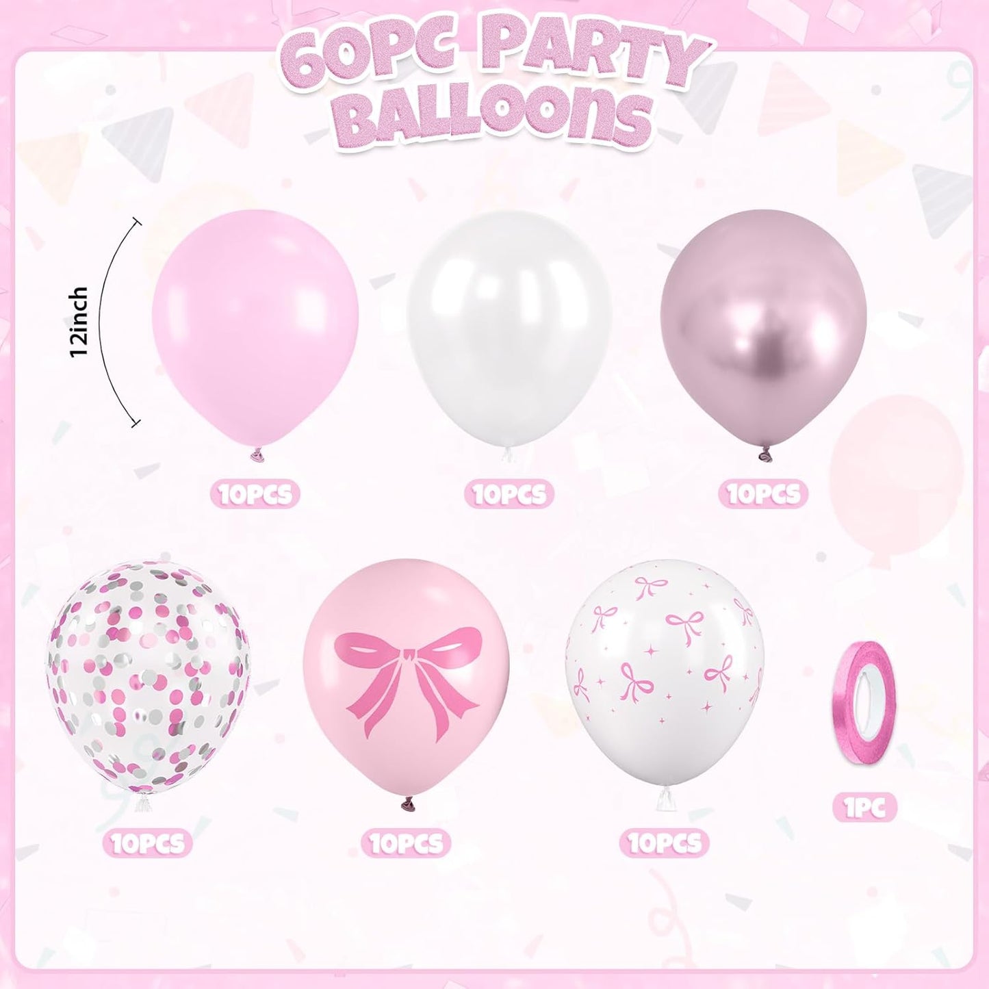 Pink Bow Latex Balloons, 60pcs Pink and White Balloons, Bow Printed Balloon Metallic Confetti Balloon For Girls Women Princess Birthday Baby Shower Bachelorette Party Engagement Wedding Anniversary