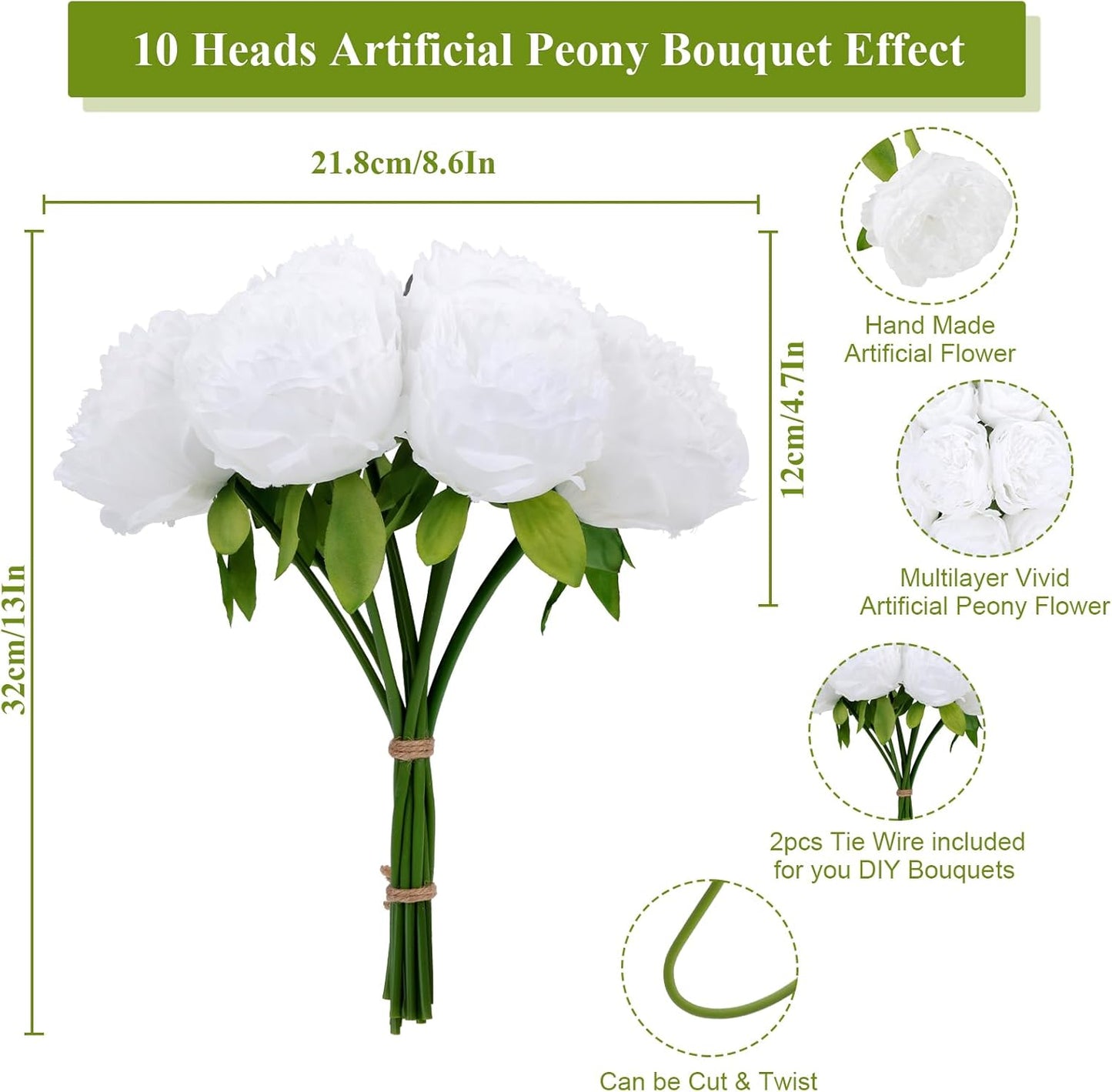 U'Artlines Artificial Peony Silk Flower with Stems 10pcs Real Look Vintage Peonies for Home Wedding Decoration(Pure White)