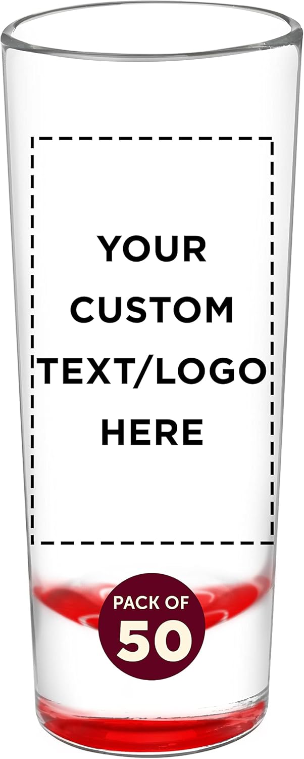 Custom Cordial Shooter Shot Glasses 2 oz. Set of 50, Personalized Bulk Pack - Great for Birthdays, Parties, Indoor & Outdoor Events - Red