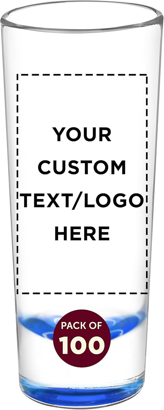 Custom Cordial Shooter Shot Glasses 2 oz. Set of 100, Personalized Bulk Pack - Great for Birthdays, Parties, Indoor & Outdoor Events - Blue