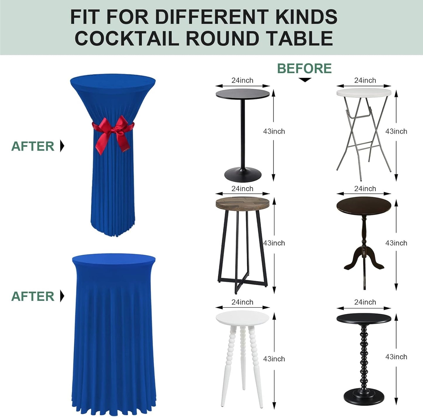 Cocktail Table Covers - 2 Pack 24"x 43" Royal Blue Cocktail Table Tablecloth with Natural Wavy Round Skirt for Bar Wedding Party Banquet