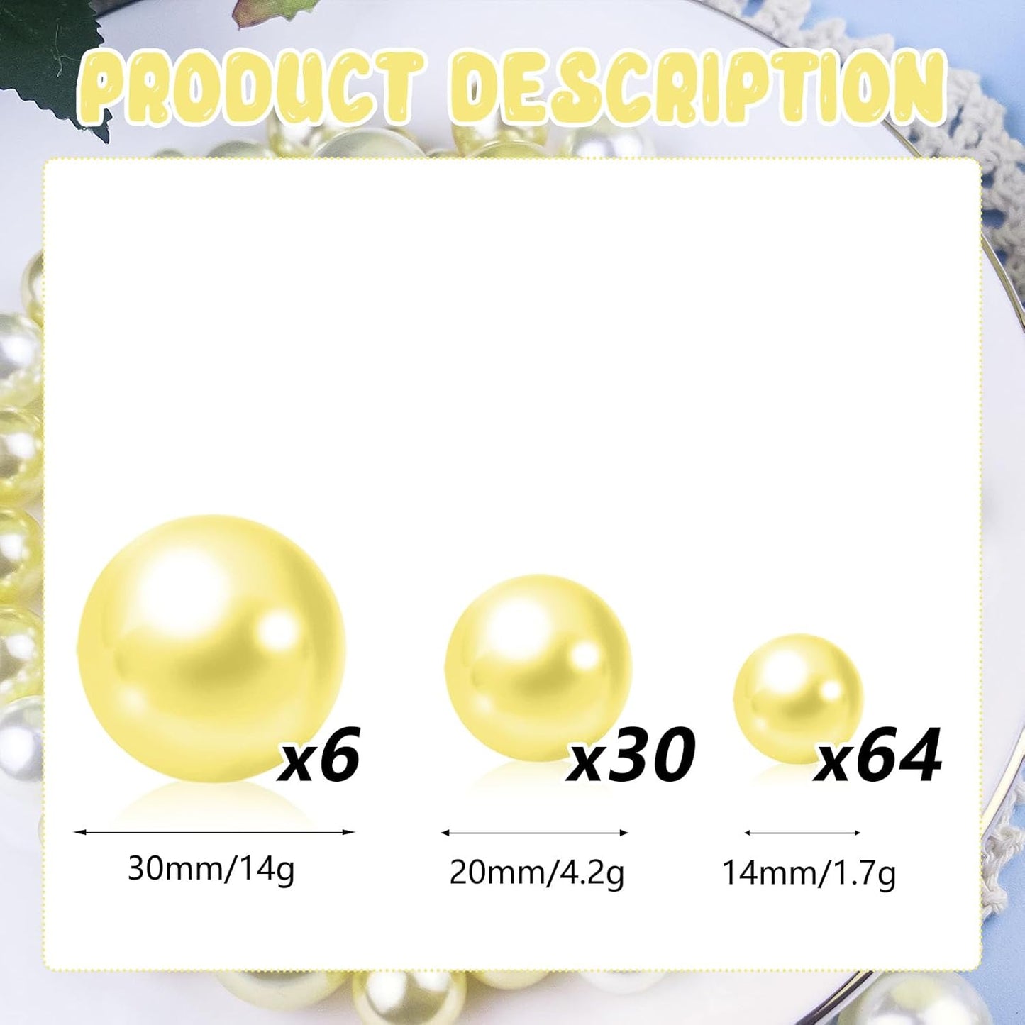 100PCS Light Yellow Faux Pearls Beads for Centerpiece Vases, Vase Filler Faux Pearls, No Holes Filler Beads for Easter Party Anniversary Birthday Wedding Table Decor, 14/20/30mm