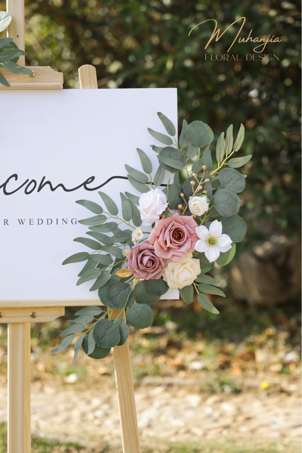 Wedding Sign Faux Flower Swag (Pack of 2) for Ceremony Party Reception Entrance Floral Decor Wall Easel Stand for Wedding Poster Welcome Sign (Champagne&Dusty Rose)