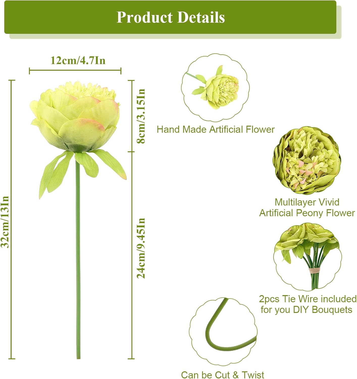 U'Artlines 10 Heads Artificial Peony Silk Flower Leaf Home Office Wedding Party Festival Bar Decor (Green)