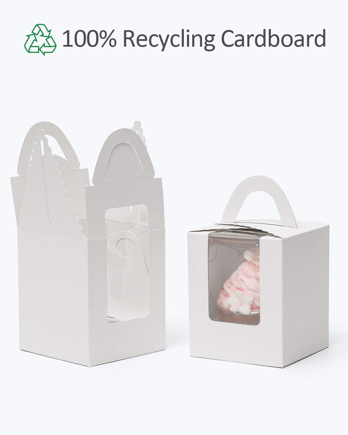 qiqee 60pcs Cupcake Boxes Individual Disposable White Single Box with Window 3.6 * 3.6 * 4.3inch Cupcake Containers/Holders