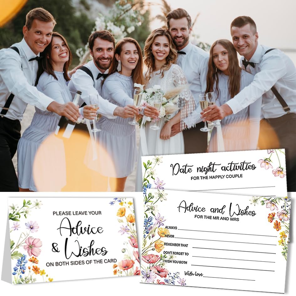 50Pcs Flower Wedding Advice Cards for Bridal Shower Games, Wildflower Advice and Wish Cards Box for The Mr And Mrs Bridal Shower Decorations