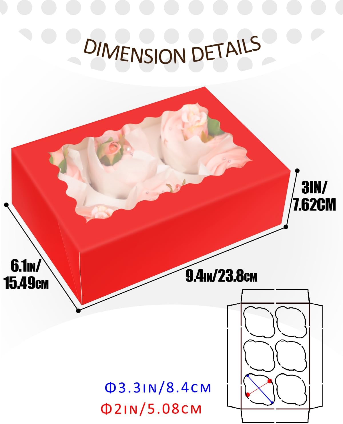 qiqee Auto-pop up Red 6 Cupcake Boxes with Window 30 Packs Cupcake Box 9"x6.1"x3.3" Bakery Boxes For Cupcakes Carrier, Cupcake Containers