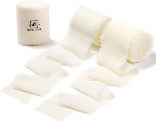 DORIS HOME Cream White Chiffon Ribbon for Flower Bouquet, 2" x21Yd Fabric Ribbon for Gift Wrapping, Handmade Frayed Ribbon for Wedding/Christmas Decorations