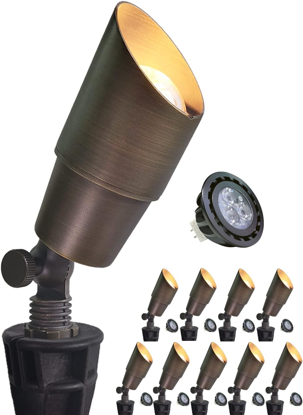 MALORY Brass Landscape Spotlight 10-Pack with Bulb(S01), Low Voltage 12V AC/DC LED Outdoor Landscape Lighting,PVC Ground Stake and Wire Connector Included, Garden Patio Trees Spot Uplight