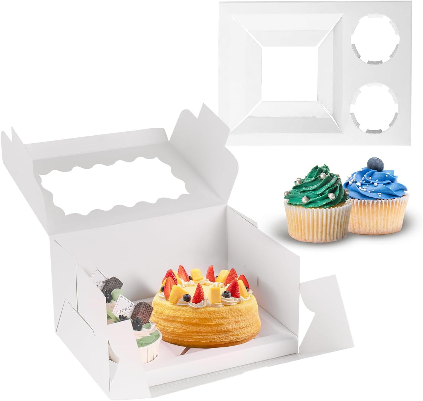 JCD 8 Packs Bento Cake and Cupcake Box 3 Holes Fit 2 Cupcakes and 1 Mini Cake Box with Clear Window and Stickers for Wedding Birthday Party Bakery Baking Supplies (1+2/8pcs)