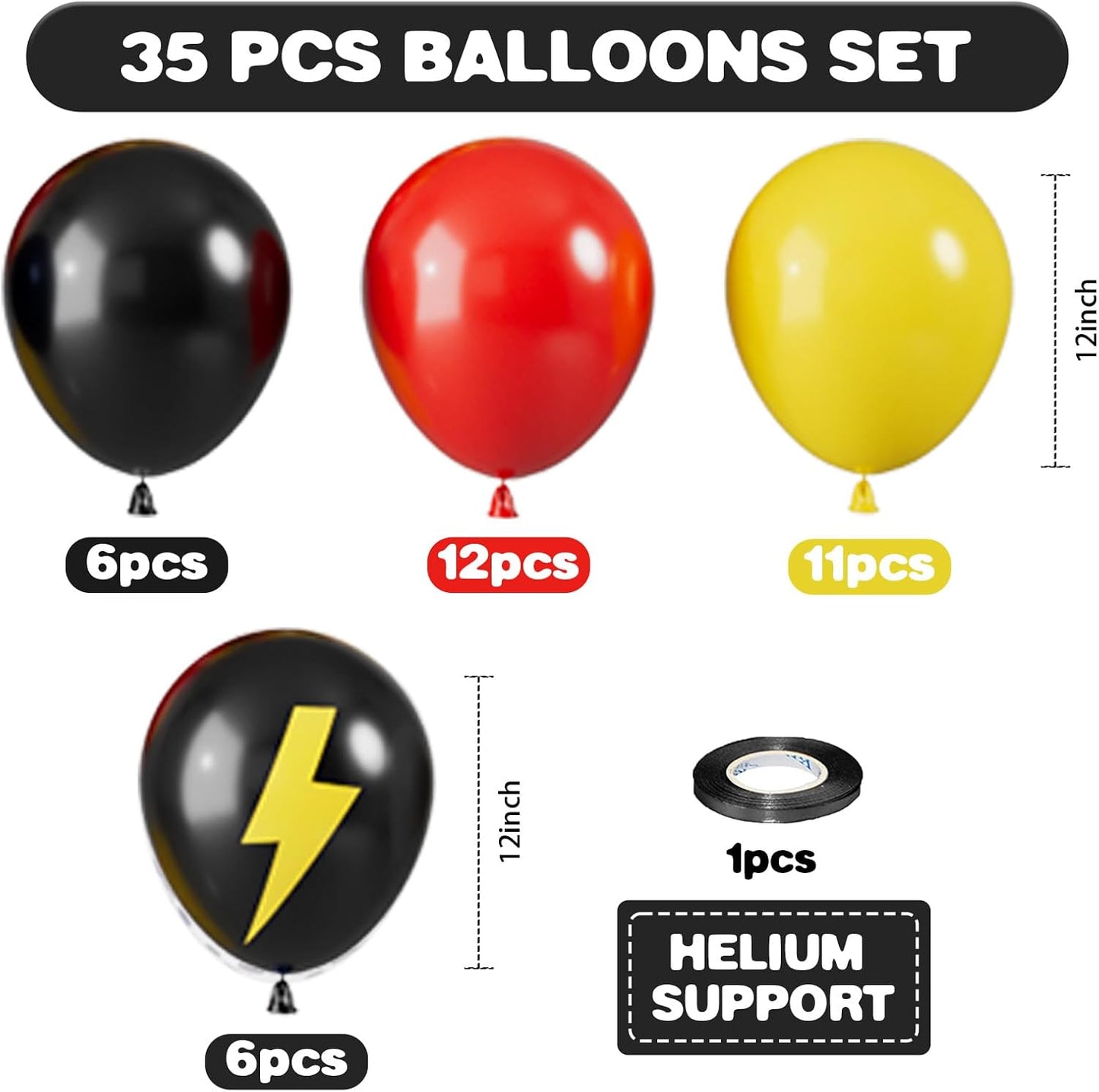 Red Yellow and Black Balloons, 12 Inch Lightning Print Balloons, Yellow Red Black Lightning Printed Latex Helium Balloon for Girls Boys Birthday Race Car Theme Party Decorations