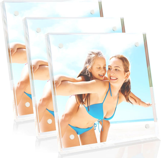 HELPLEX Picture Frames, 3 Pack 4x4 inch Acrylic Picture Frame Clear 4 x 4 Photo Frames Magnetic Picture Frames Ready for Tabletop Display, Effectively Protect Photos from Fading and Yellowing