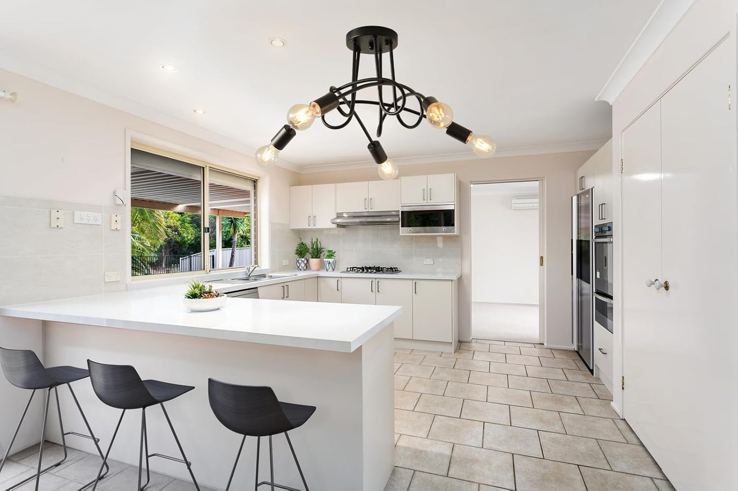 Modern Farmhouse Chandelier,25 Inch Black Metal Spiral Rustic Vintage Semi Flush Mounted Ceiling Light Fixture for Dining Room Bedroom Kitchen Island Hallway Foyer Entryway(5-Light)