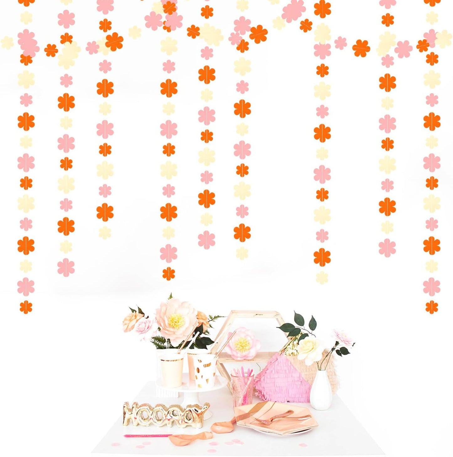 Orange-Pink Fall Party-Decorations Streamers-Garland - 52ft Boho Flower Hanging Paper Banner, Groovy Birthday Baby Bridal Shower Bachelorette Wedding Engagement Thanksgiving Day HalloweenDecor Hugfond