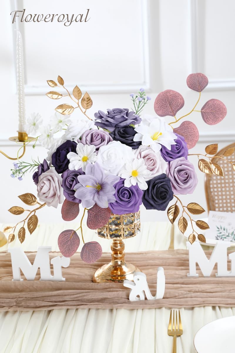 Floweroyal Artificial Flowers Combo Purple Flowers Mix Silk Flowers Fake Roses with Stems for DIY Wedding Bridal Bouquets, Baby Shower, Floral Arrangement, Table Centerpieces, Home Decorations