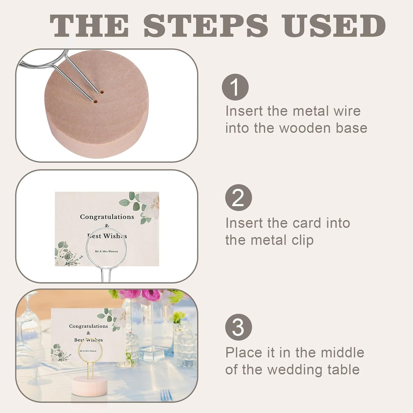 Table Number Holders Pack of 10 Metal Wire with Wooden Base for Better Stability Place Card Holders - Centerpieces, Picture Photo Sign Stands for Weddings, Party, Birthdays -Silver