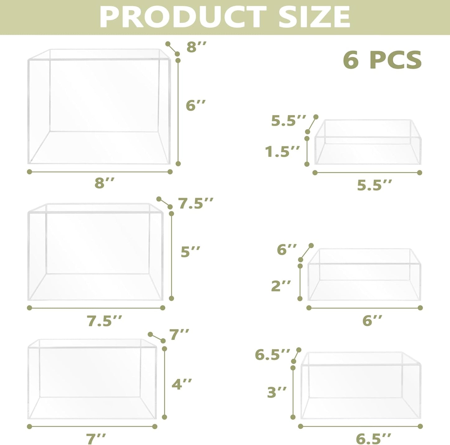 6Pcs Buffet Risers, Food Risers for Buffet Table, Acrylic Cube Display Risers with Hollow Bottom, Food Display Stand for Party Jewelry Dessert Figures (Size 5.5",6",6.5",7",7.5",8")