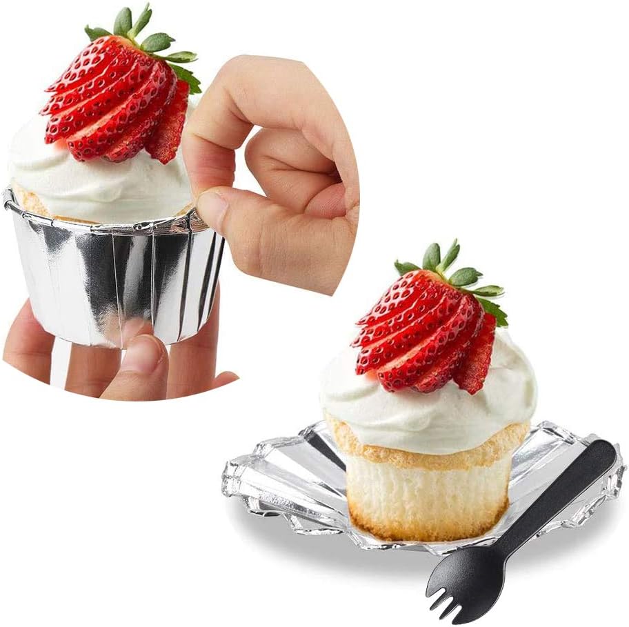 Foil Cupcake Liners with Lids 100Pack,Free-Air 3.5Oz Foil Baking Cups Mini Muffin Liners,Disposable Muffin Tins Muffin Cups,Sturdy Baking Tins Cupcake Wrappers for Individual Bakery,with Spoons-Silver
