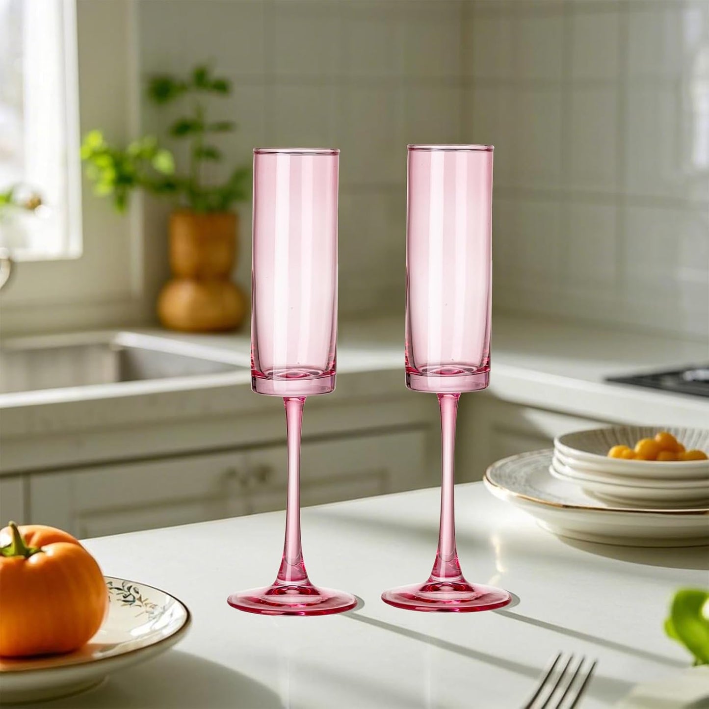 6 Pieces Pink Champagne Flutes 6 OZ Straight Sided Wine Glasses Champagne Long Stem Drinking Colored Glasses,Set of 6 Hand Blown Champagne Flutes Goblets for Wedding Cocktail Cups,Cava, Prosecco