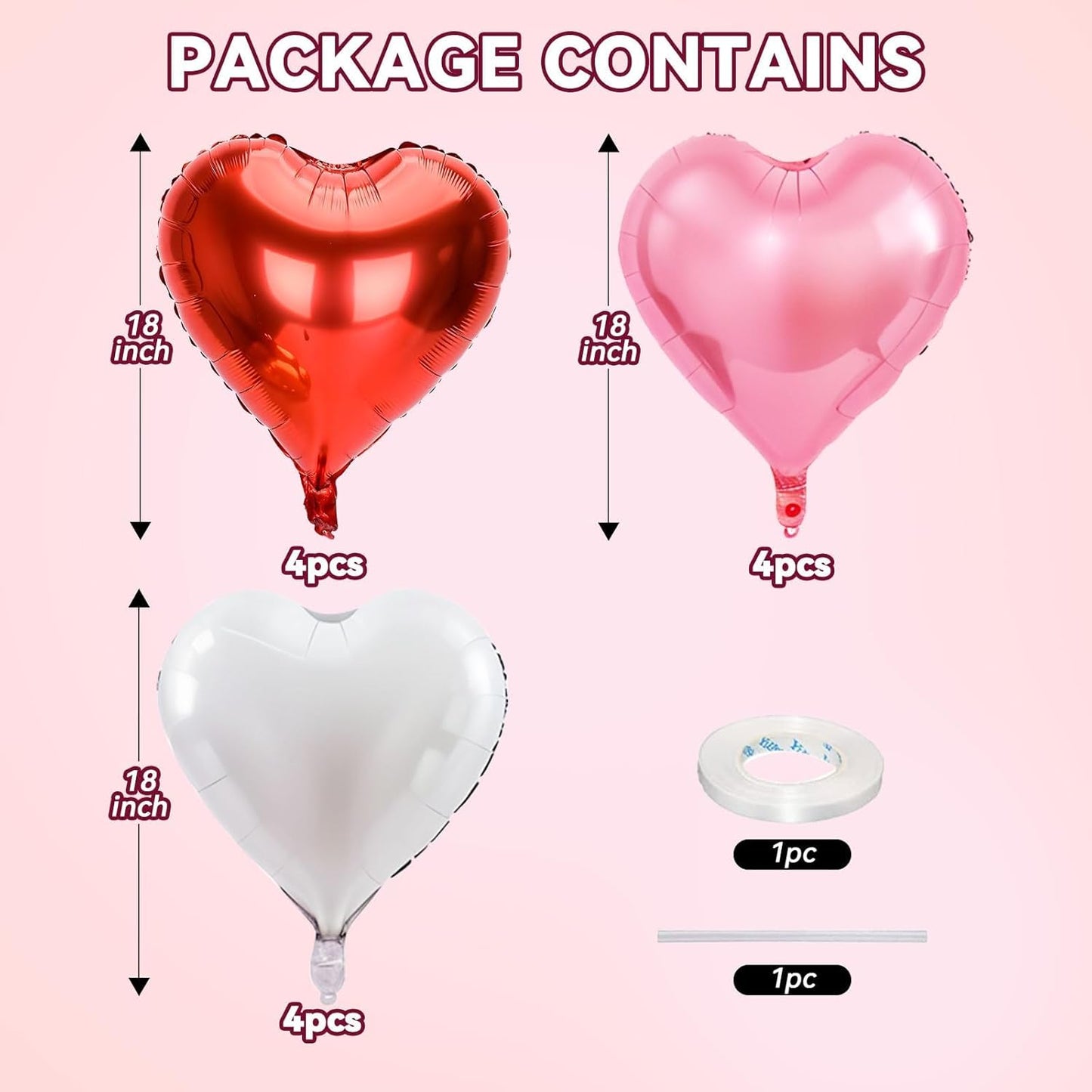 12 Pcs Heart Balloons - 18 inch Red Pink Heart Shaped Foil Helium Balloons for Wedding, Baby Shower, Valentine's Day Parties