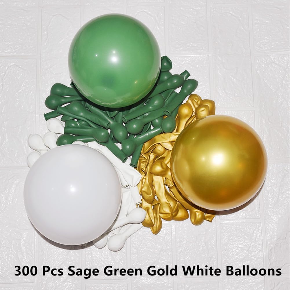 300 Pack Sage Green Gold and White Balloons 5 Inch Latex Green White Metallic Gold Bulk Small Balloon Arch Garland Kit for Birthday Wedding Bridal Baby Shower Supplies Graduation Party Decorations