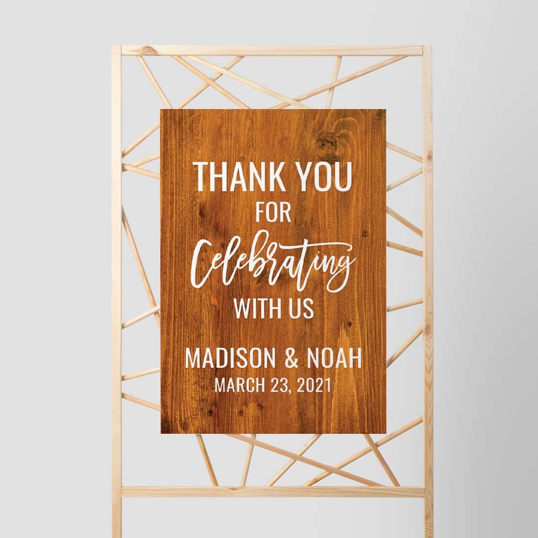 Andaz Press Personalized Extra Large Wedding Easel Board Party Sign, 12x18-inch, Rustic Barn Wood, Thank You for Celebrating With Us Bride Groom Name Date, 1-Pack, Custom