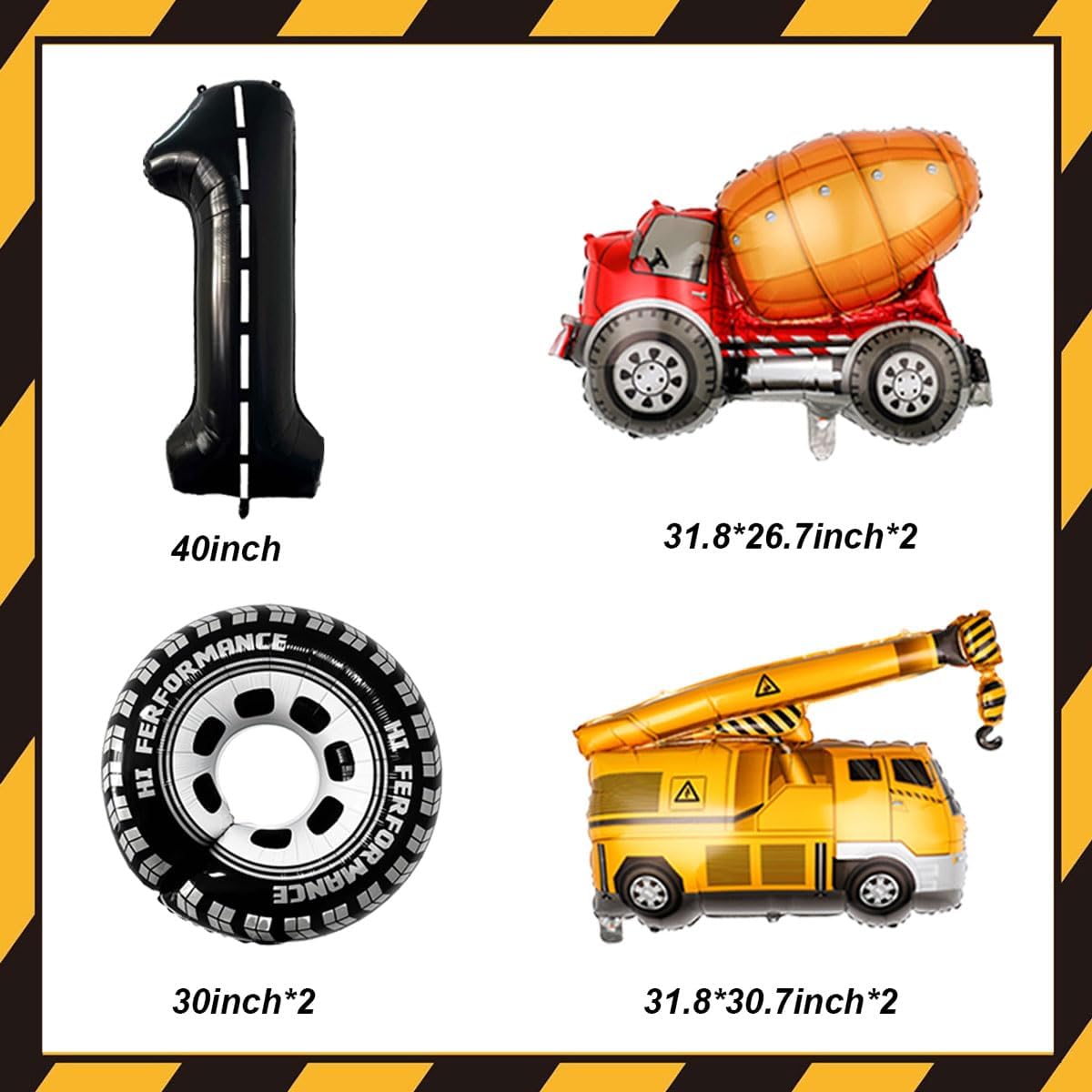 1st Birthday Decorations for Boys Construction Balloons 40inch Number 1 Balloons Truck Foil Balloon for Construction Birthday Party Decorations Supplies