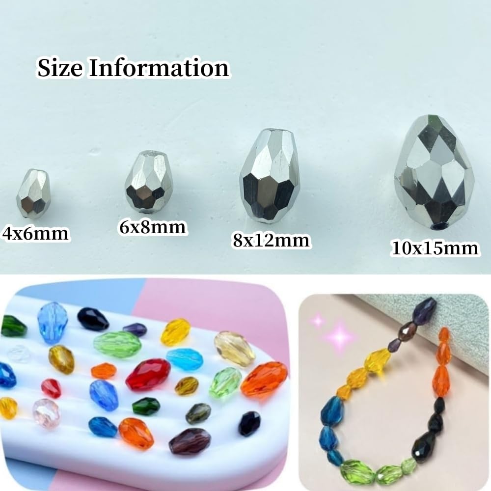 100pcs 8x12mm Teardrop Crystal Glass Beads Vertical Hole Faceted Glass Teardrop Spacer Beads for Bracelets Necklace Earring DIY Jewelry Making Craft(Silver)