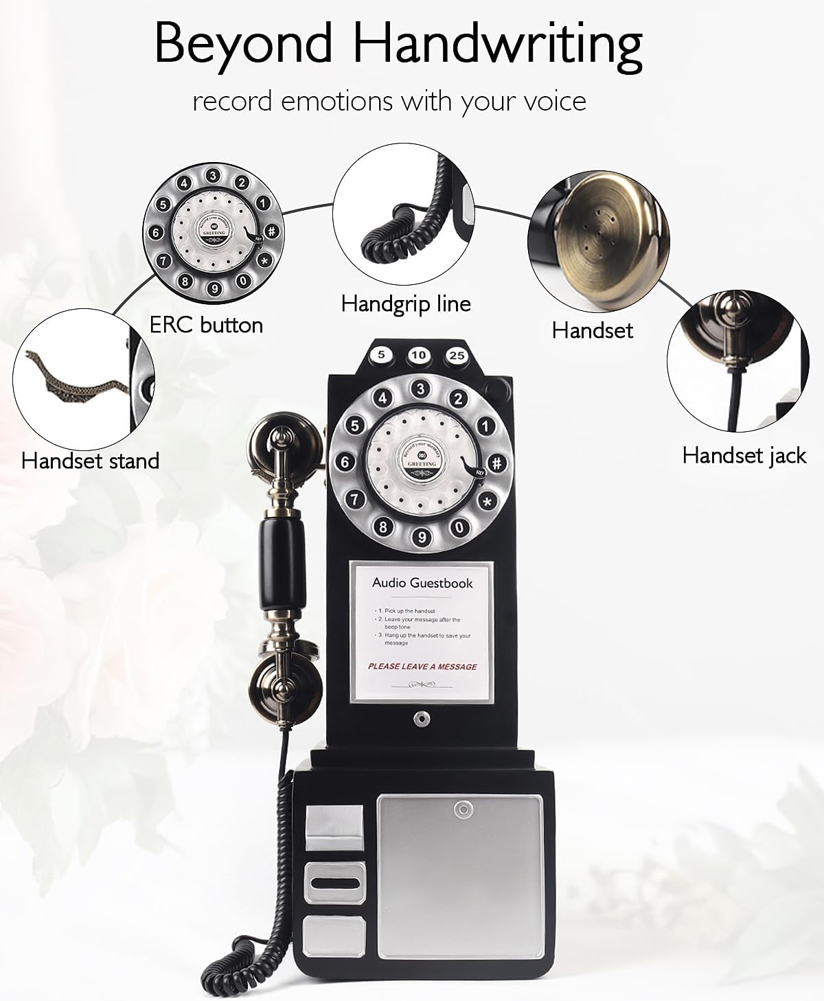 Audio Guest Book Wedding Phone with Vintage Design, Record Customized Audio Message Guest Book for Wedding, Party and Gathering, Black